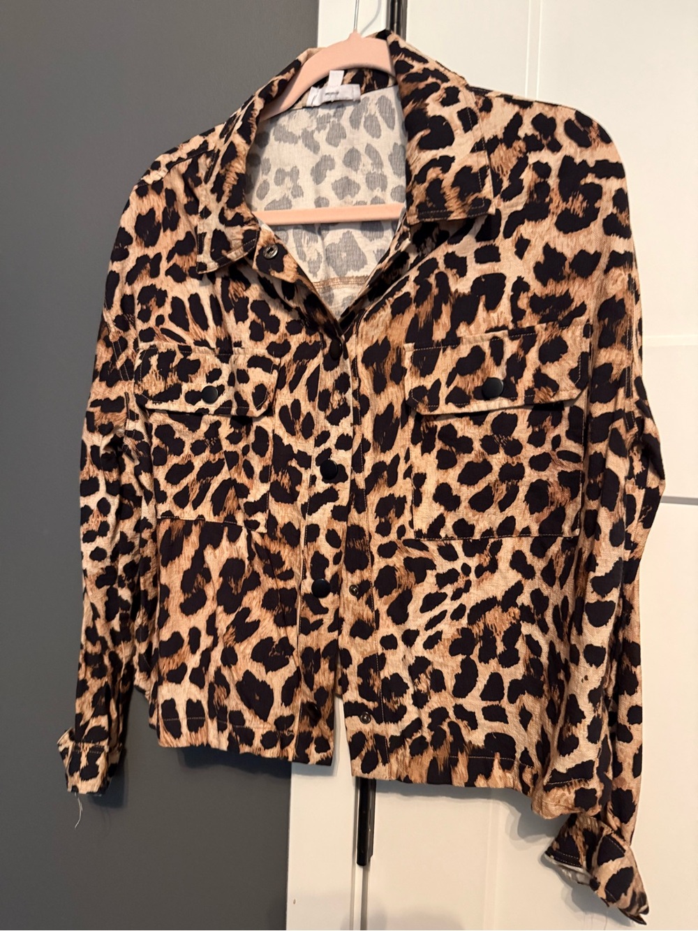 Leopard Print Button-Front Shirt Jacket - Tan/Black